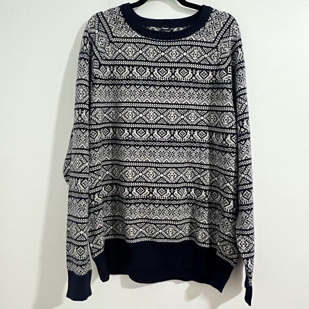 J. Crew Fair Isle Crewneck Sweater Size XXL Navy Blue Beige Cotton Nordic Flakes
